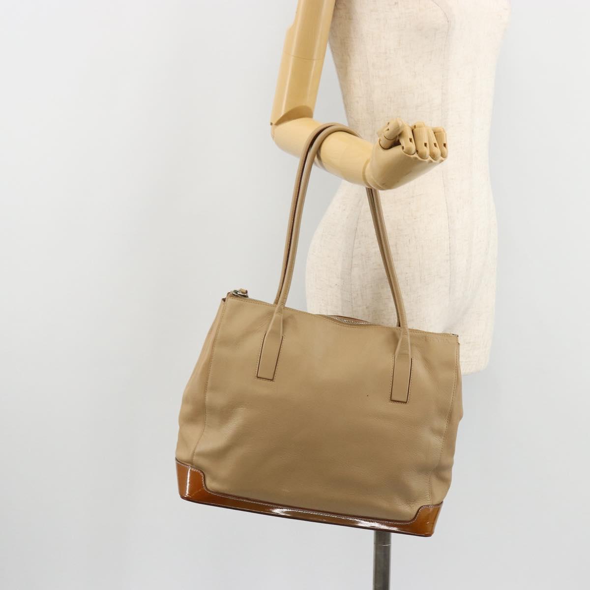 PRADA Tote Bag Leather Beige Silver Auth bs35191
