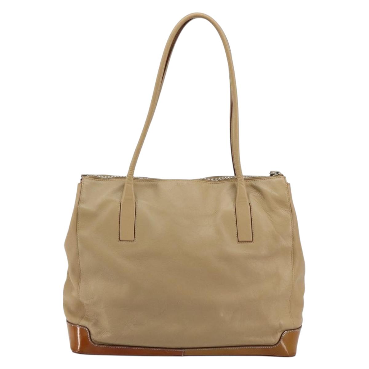 PRADA Tote Bag Leather Beige Silver Auth bs35191