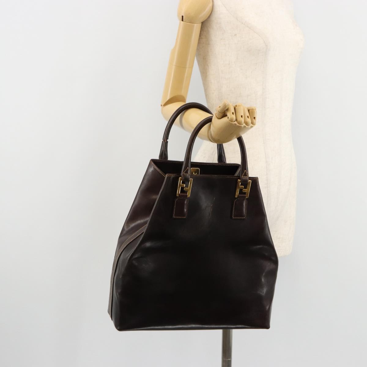 FENDI Hand Bag Leather Brown Gold Auth bs35193