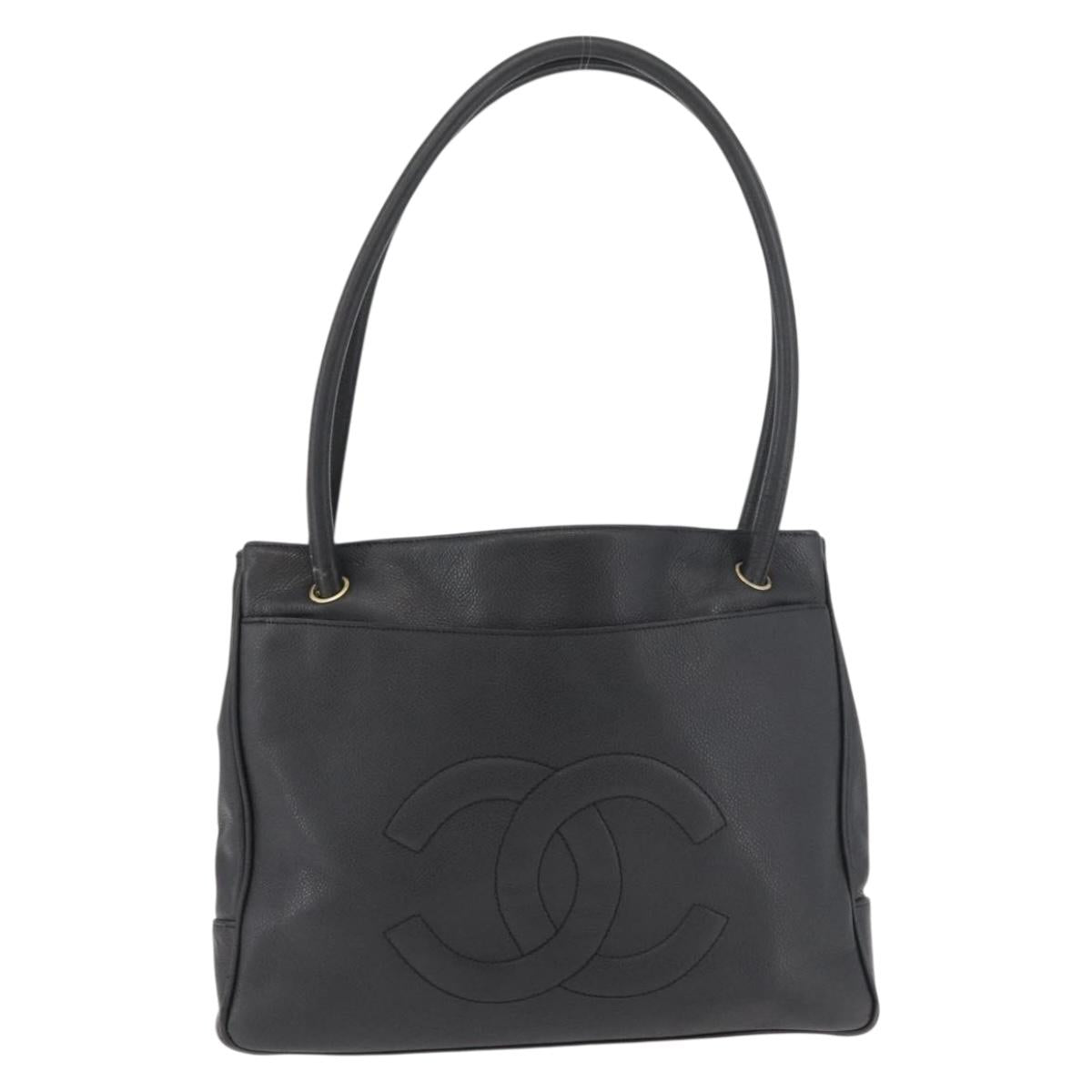 CHANEL Tote Bag Caviar Skin Black Gold CC Auth bs35194
