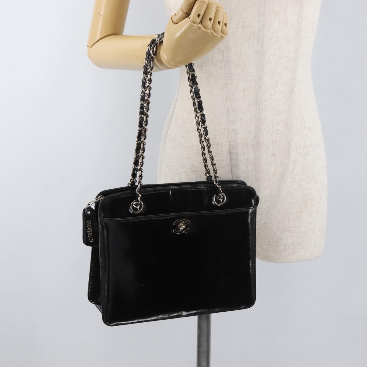 CHANEL Matelasse Chain Hand Bag Patent leather Black Silver CC Auth bs35206