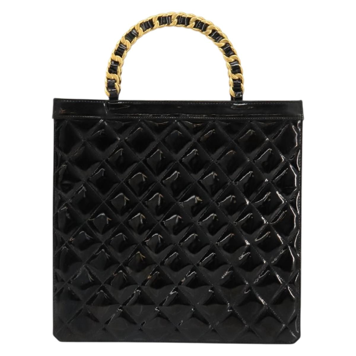 CHANEL Matelasse Chain Tote Bag Patent leather Black Gold CC Auth bs35207