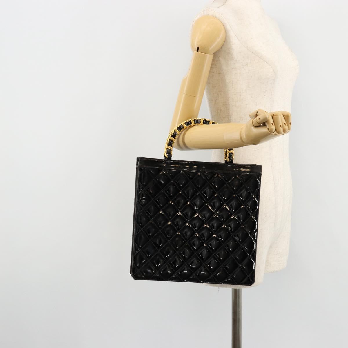 CHANEL Matelasse Chain Tote Bag Patent leather Black Gold CC Auth bs35207