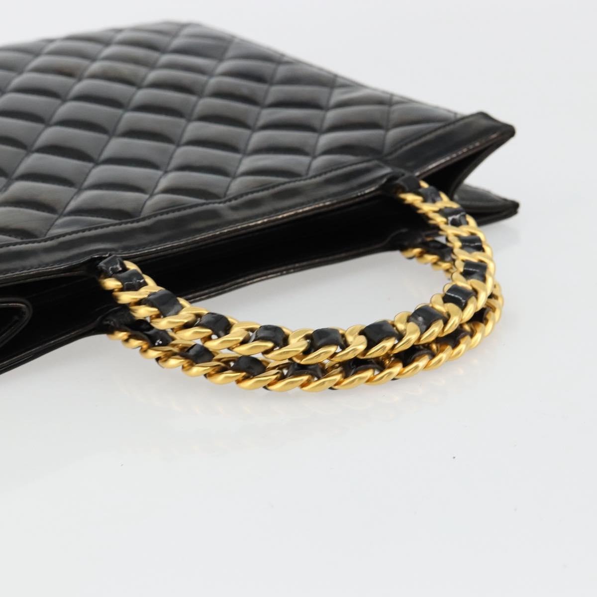 CHANEL Matelasse Chain Tote Bag Patent leather Black Gold CC Auth bs35207