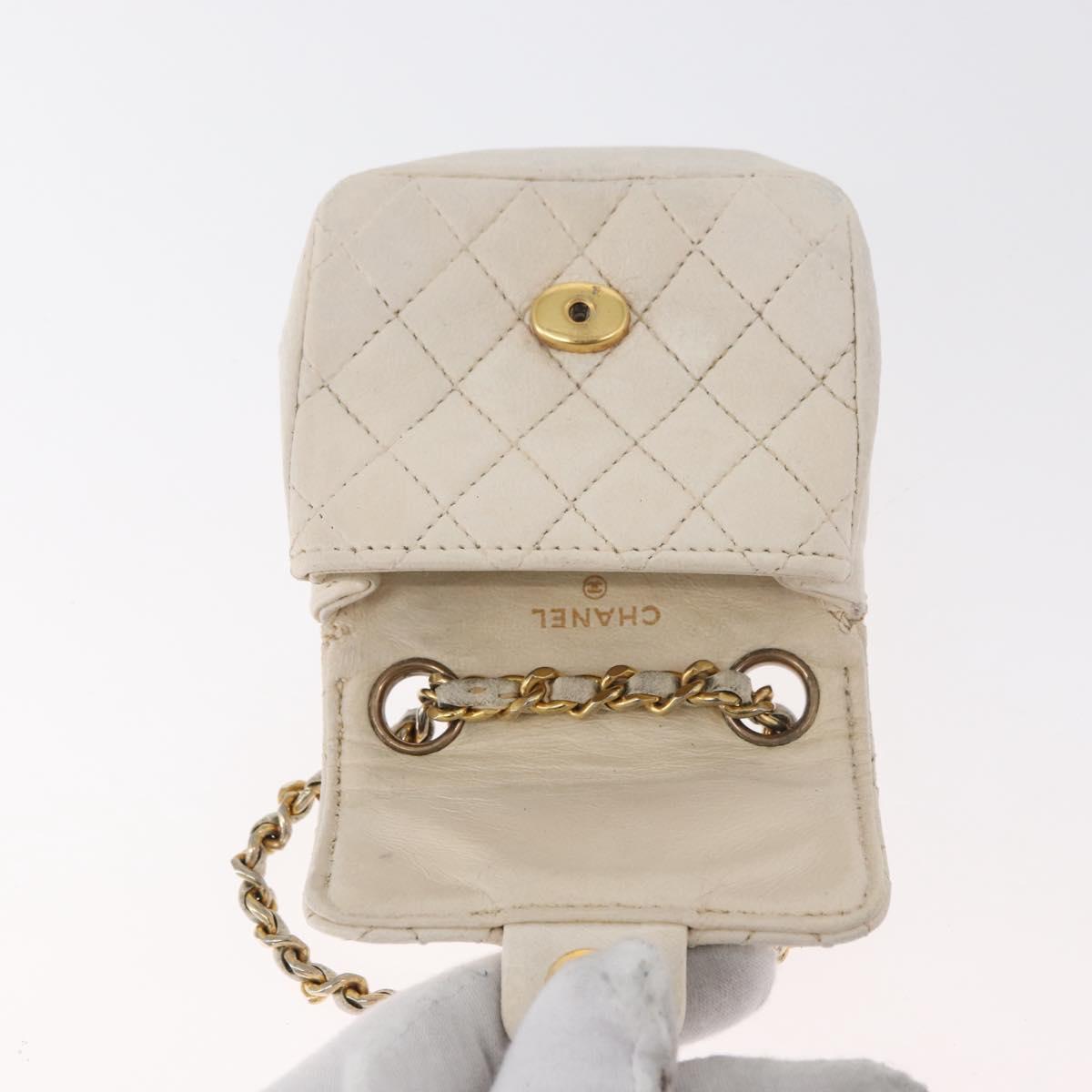 CHANEL Mini Mini Matelasse Chain Pouch Lamb Skin White Gold CC Auth bs35212