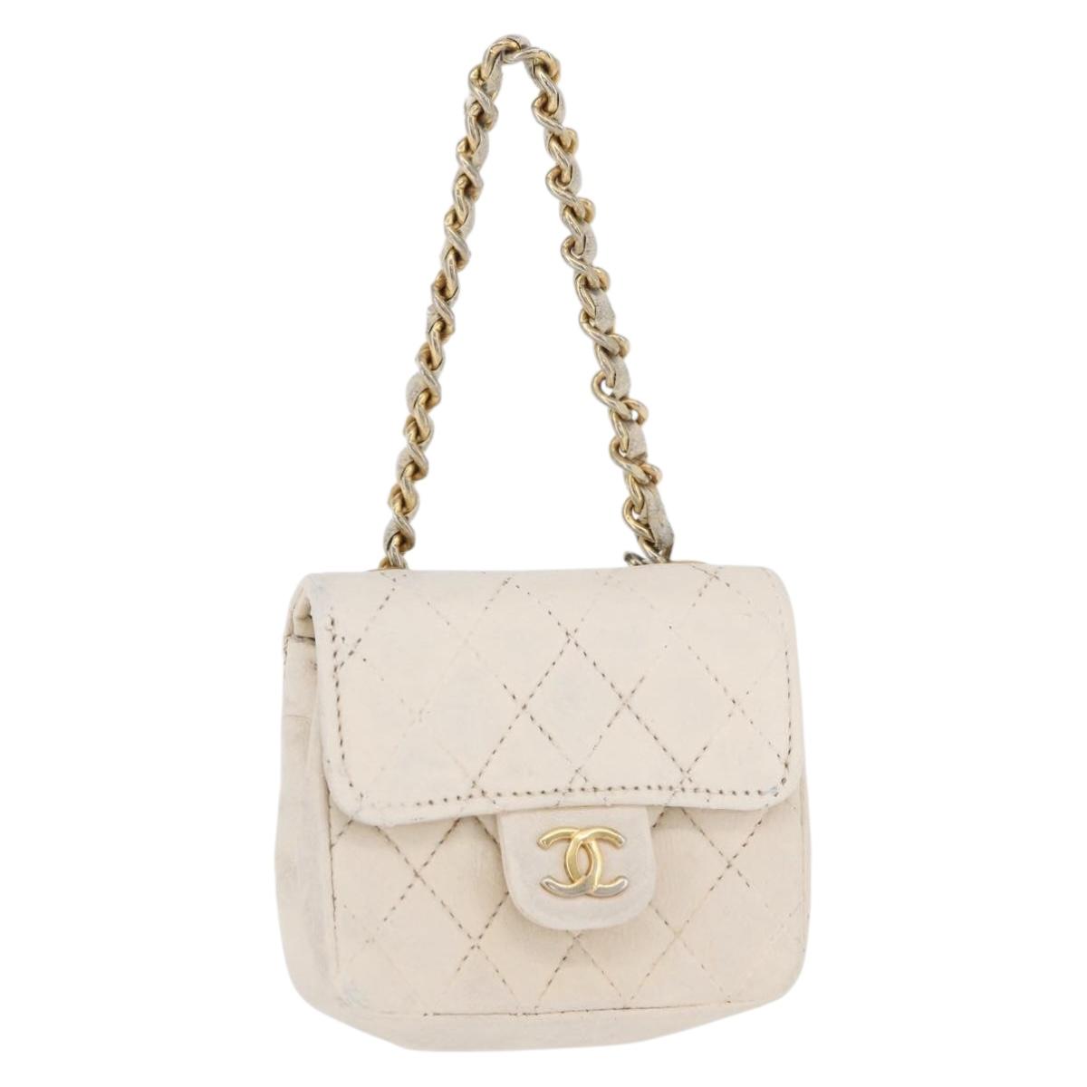 CHANEL Mini Mini Matelasse Chain Pouch Lamb Skin White Gold CC Auth bs35212