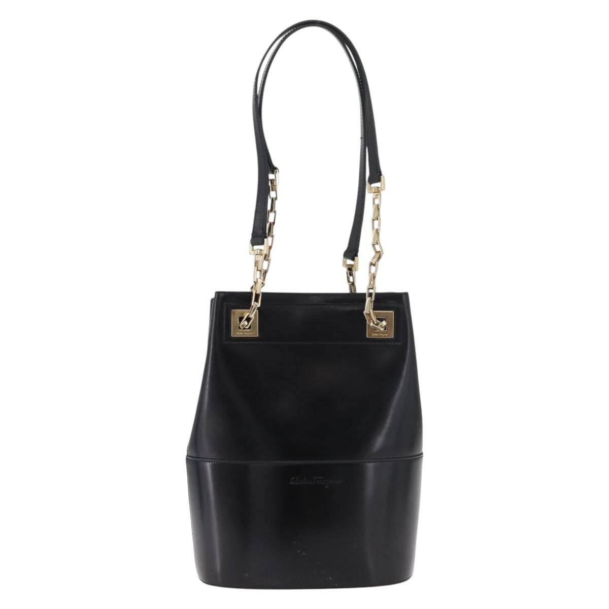 Salvatore Ferragamo Chain Tote Bag Patent leather Black Gold Auth bs35237