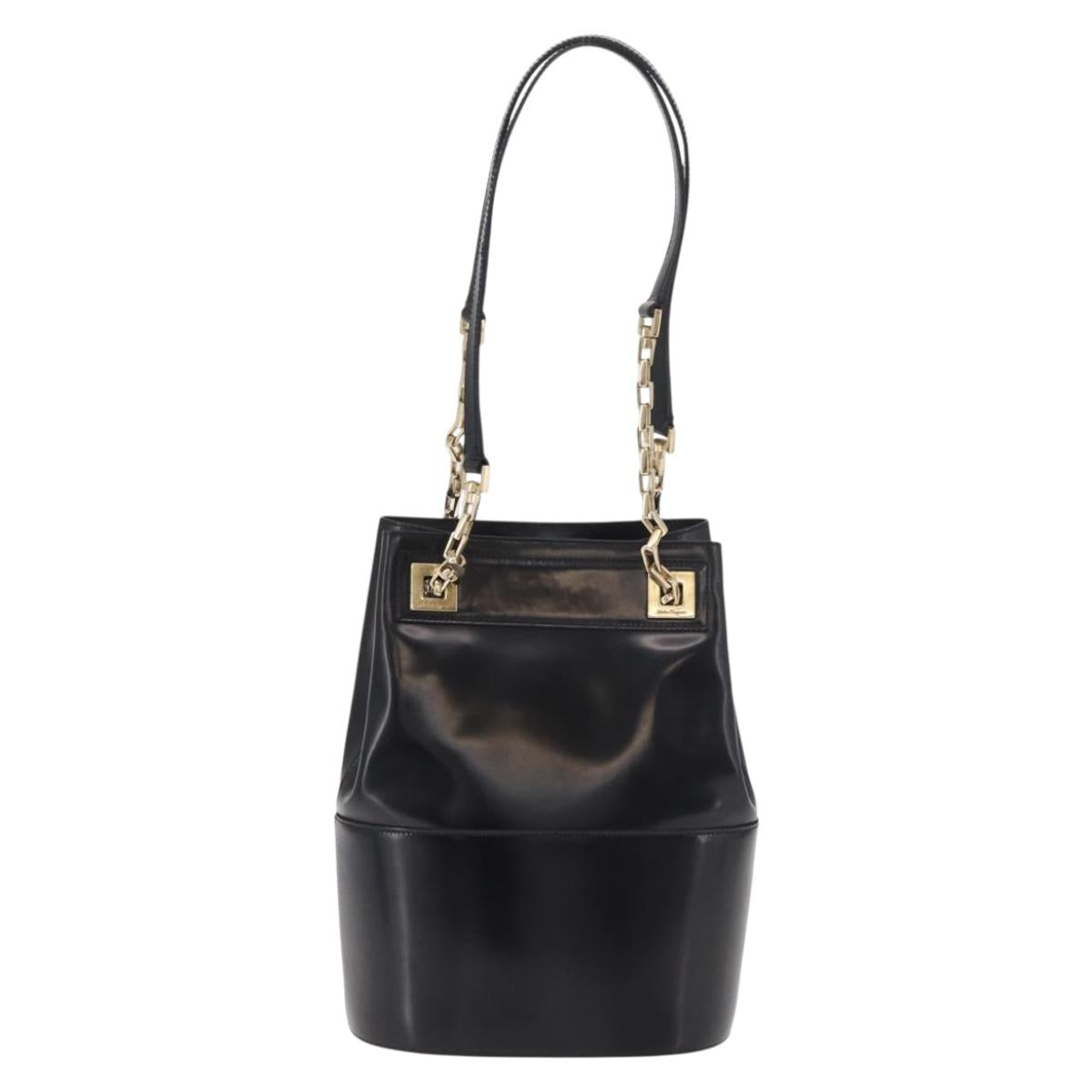 Salvatore Ferragamo Chain Tote Bag Patent leather Black Gold Auth bs35237