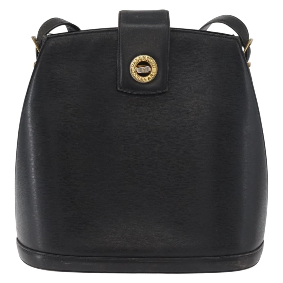 VALENTINO Shoulder Bag Leather Black Gold Auth bs35258