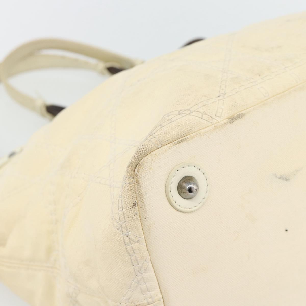 Christian Dior Lady Dior Wood Chain Bag Coated Canvas Ivory Silver Auth bs35259