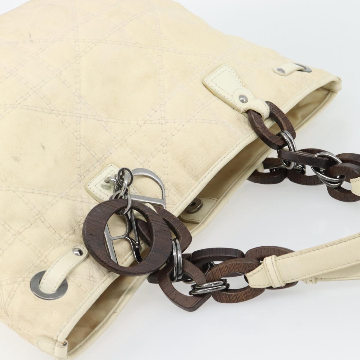 Christian Dior Lady Dior Wood Chain Bag Coated Canvas Ivory Silver Auth bs35259