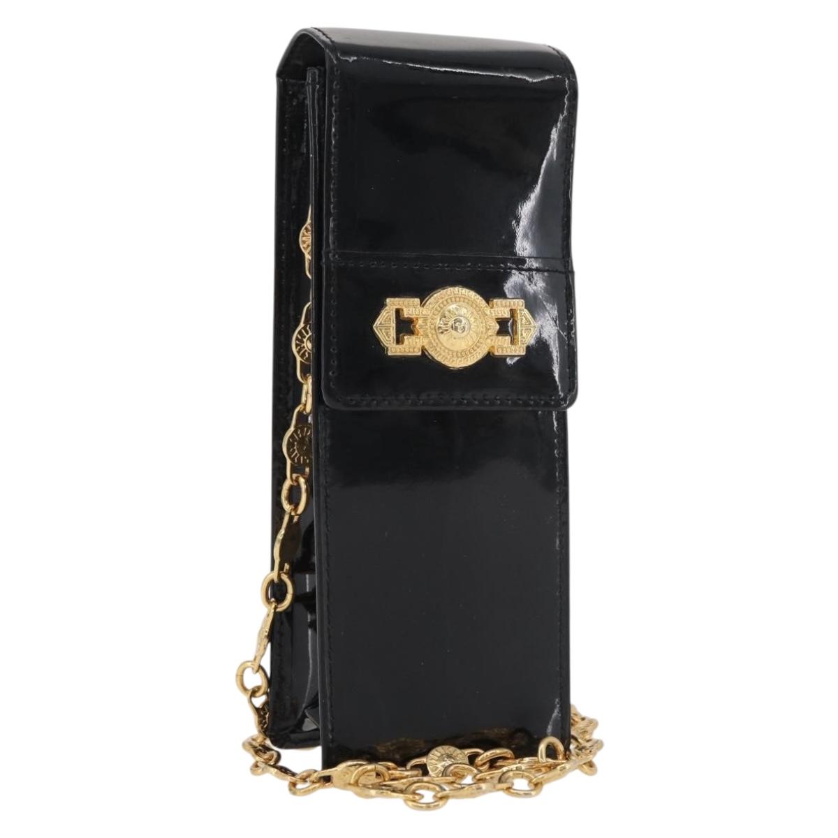 Gianni Versace Chain Shoulder Pouch Patent leather Black Gold Auth bs35263