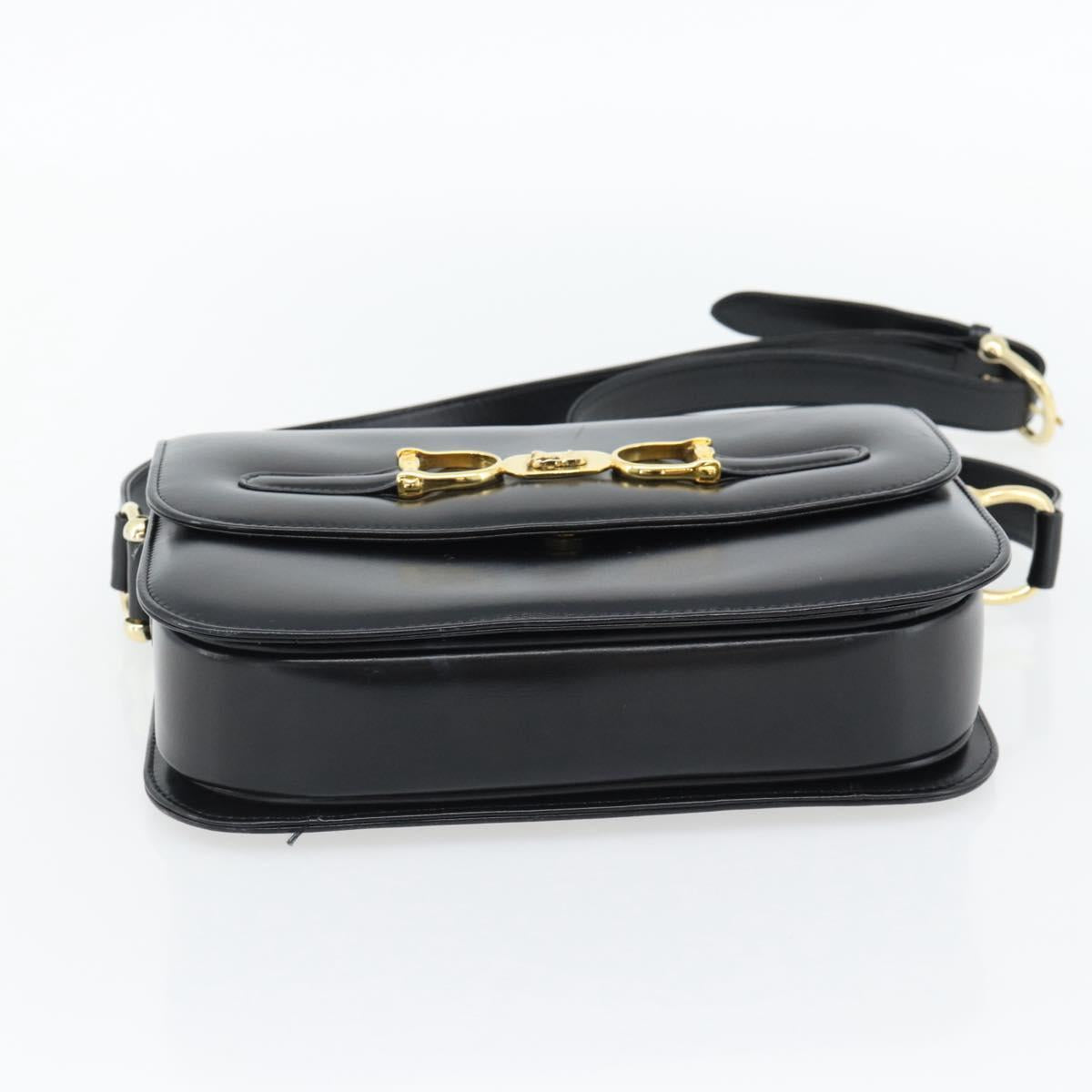 CELINE Horse Carriage Shoulder Bag Leather Black Gold Auth bs35269