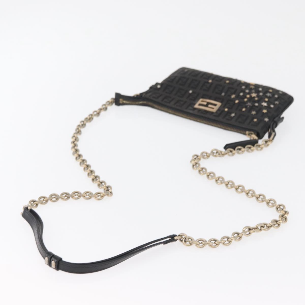 FENDI Zucchino Canvas Chain Shoulder Bag Black Gold Auth bs35294A