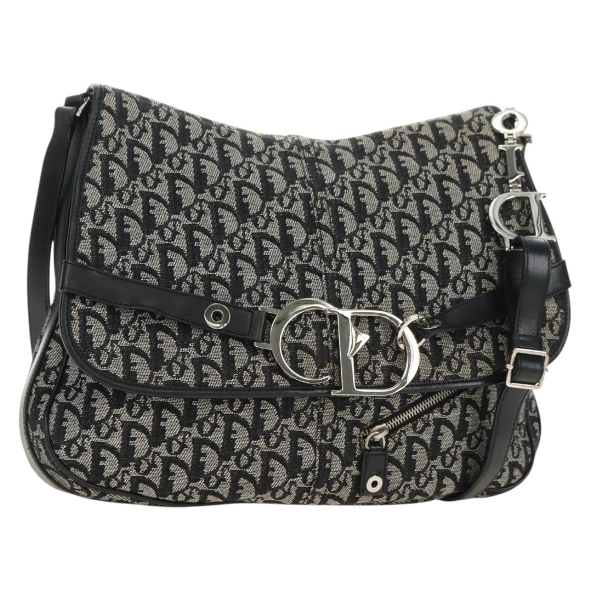 Christian Dior Trotter Canvas Shoulder Bag Black Silver Auth bs35297SAV