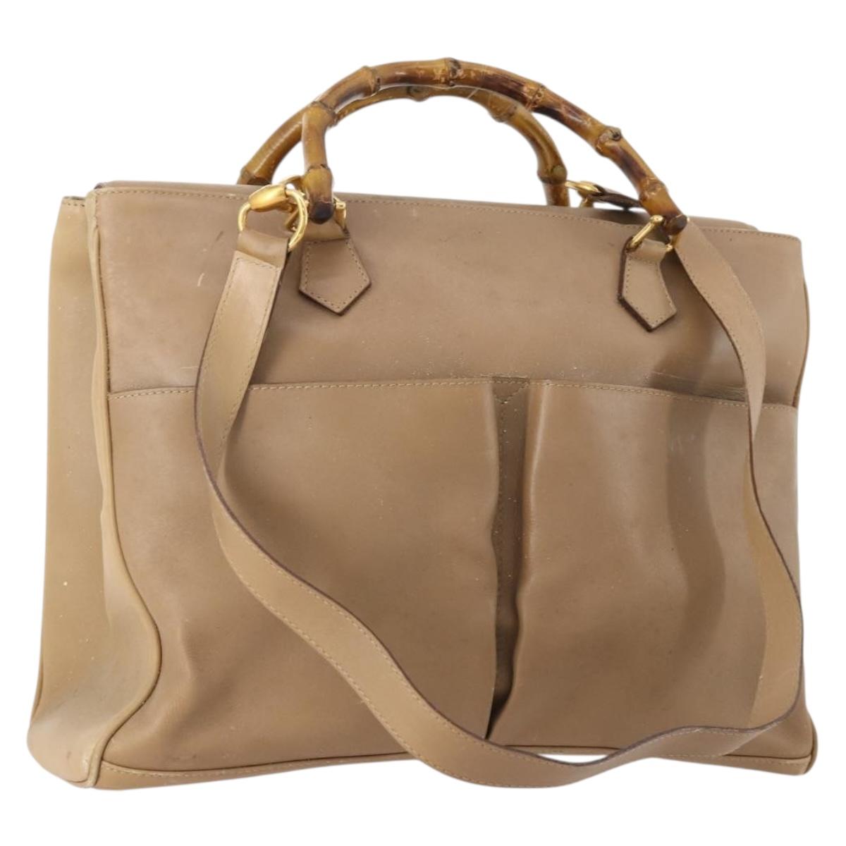 GUCCI Bamboo Hand Bag Leather 2way Beige Gold Auth bs35299