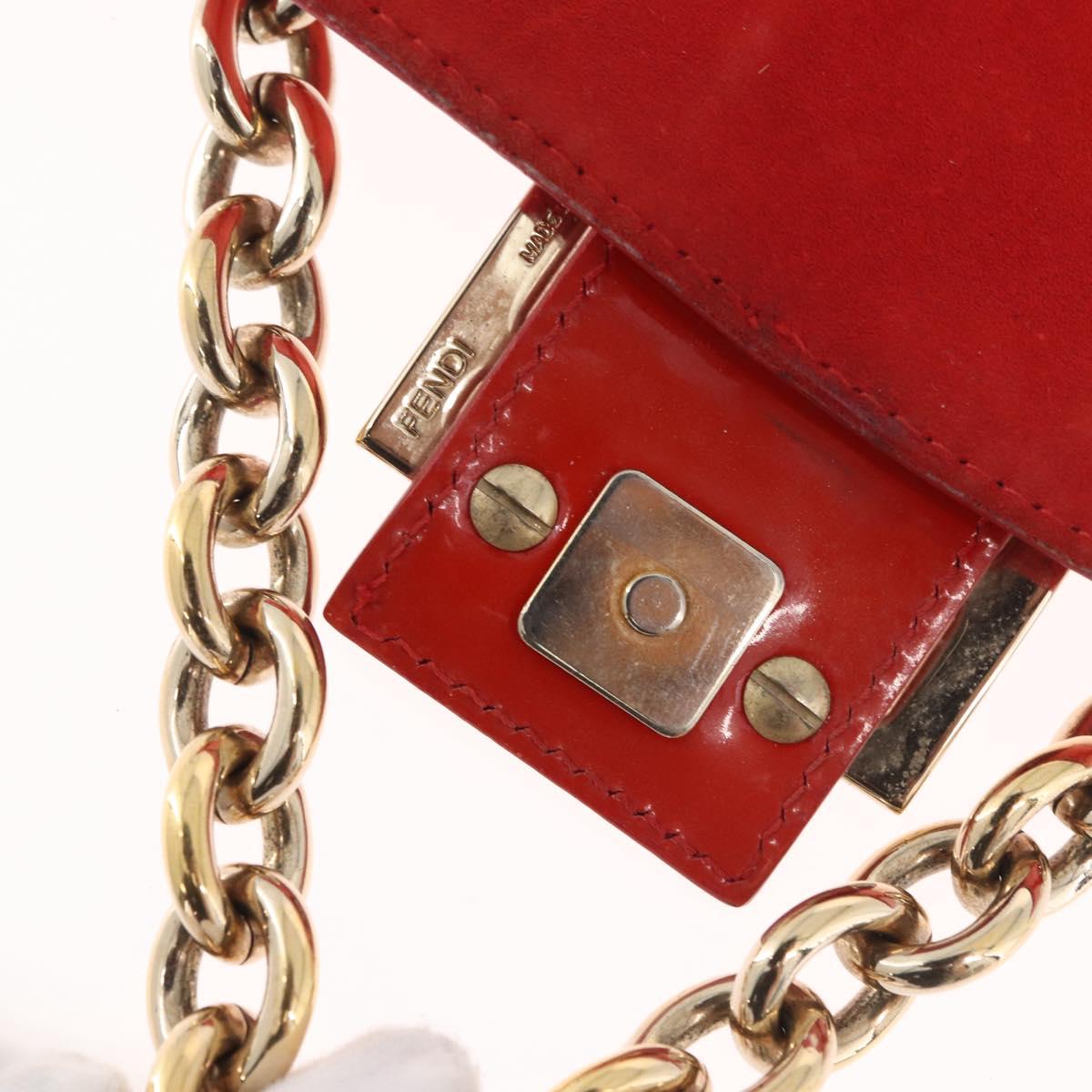 FENDI Mamma Baguette Chain Shoulder Bag Patent leather Red Gold Auth bs35306A
