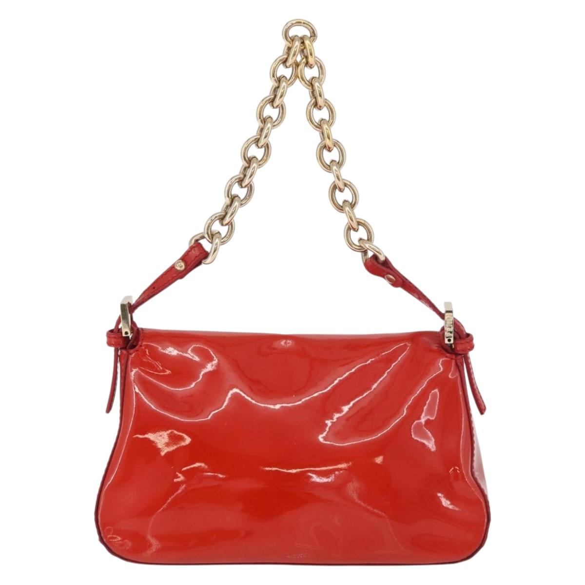 FENDI Mamma Baguette Chain Shoulder Bag Patent leather Red Gold Auth bs35306A