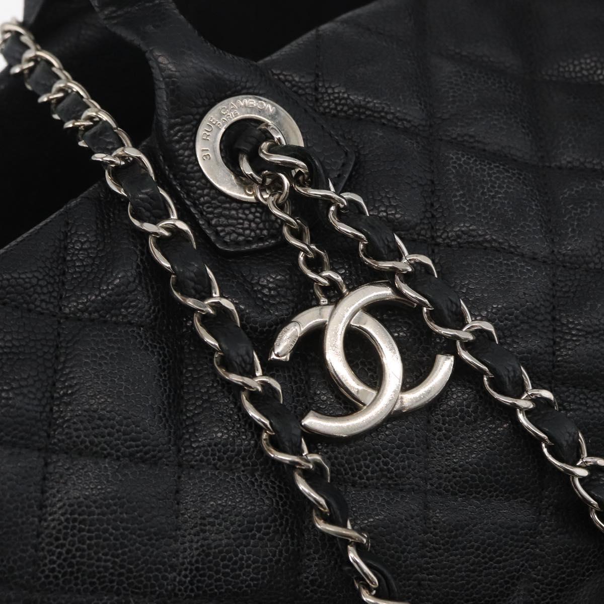 CHANEL Matelasse Chain Tote Bag Caviar Skin 2way Black Silver CC Auth bs35339