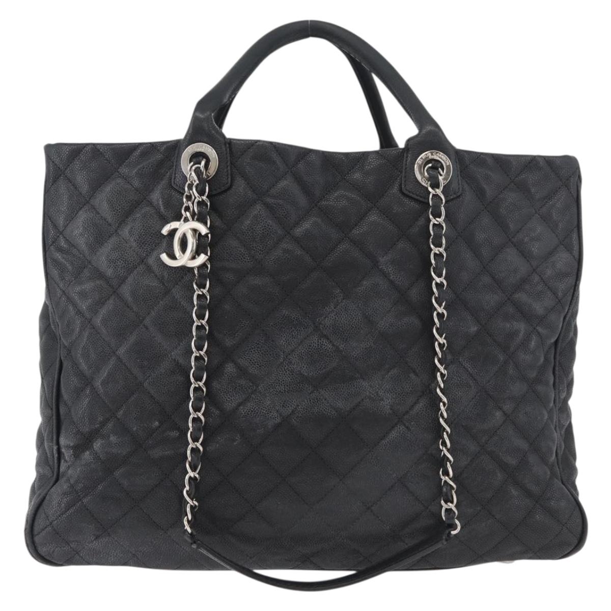 CHANEL Matelasse Chain Tote Bag Caviar Skin 2way Black Silver CC Auth bs35339