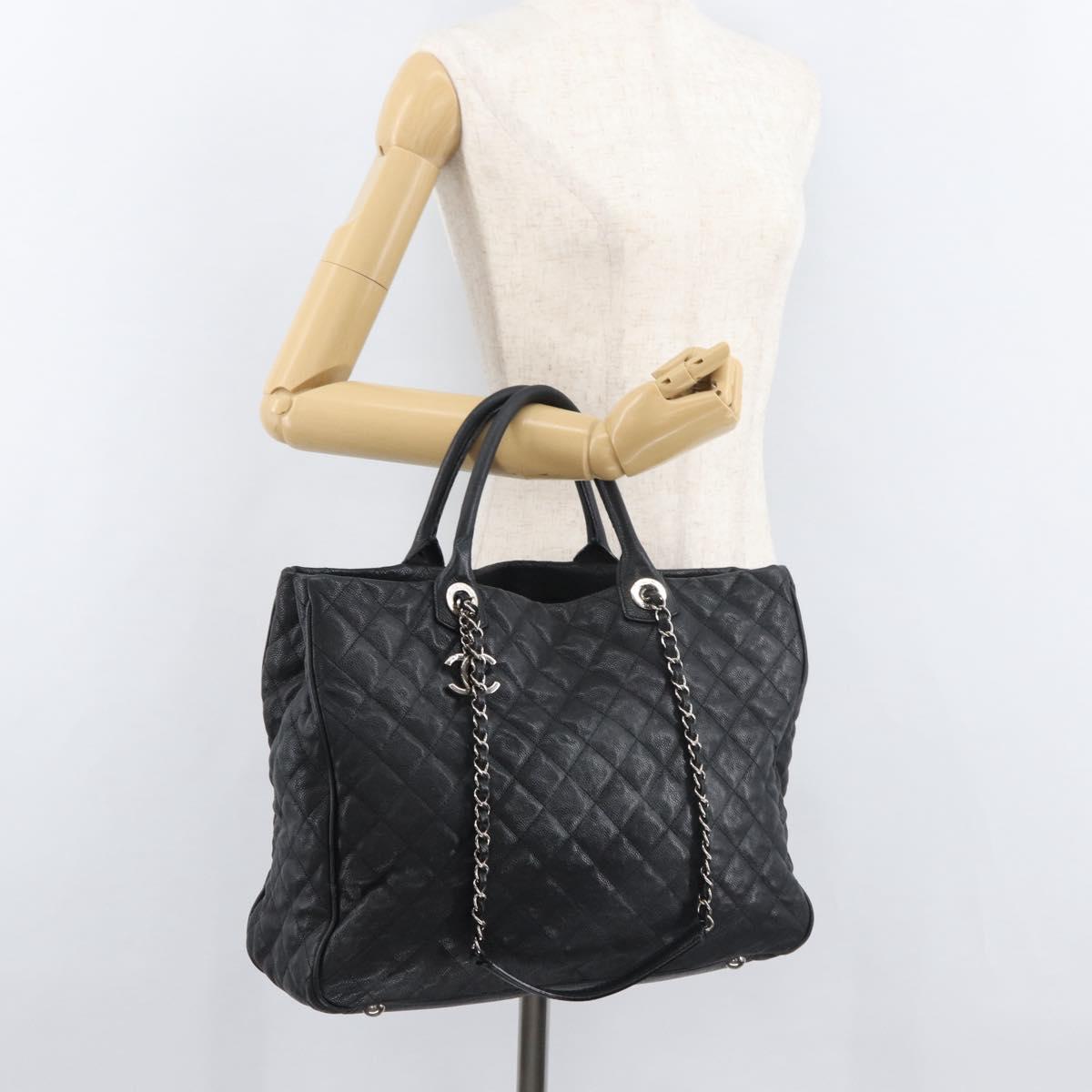 CHANEL Matelasse Chain Tote Bag Caviar Skin 2way Black Silver CC Auth bs35339