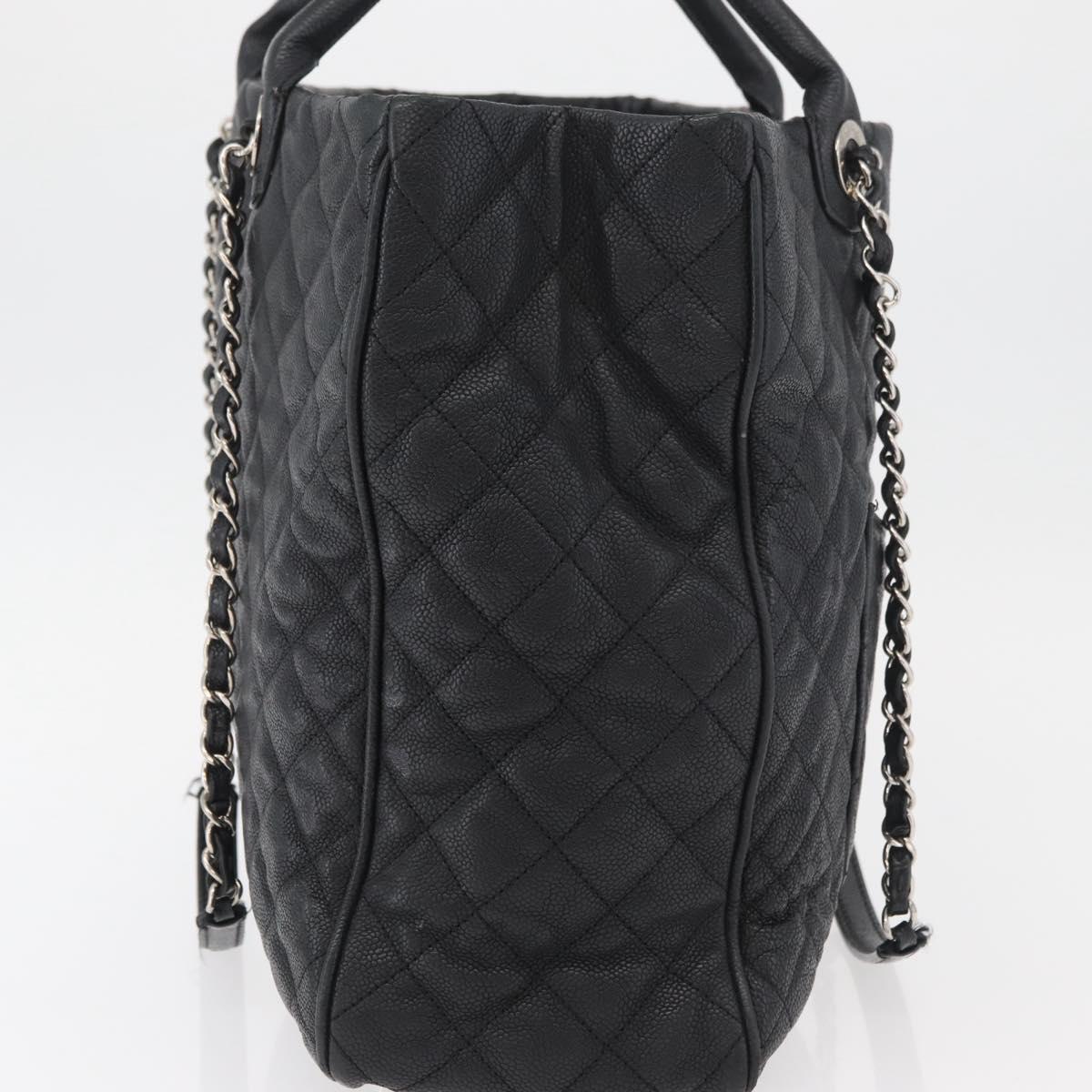 CHANEL Matelasse Chain Tote Bag Caviar Skin 2way Black Silver CC Auth bs35339