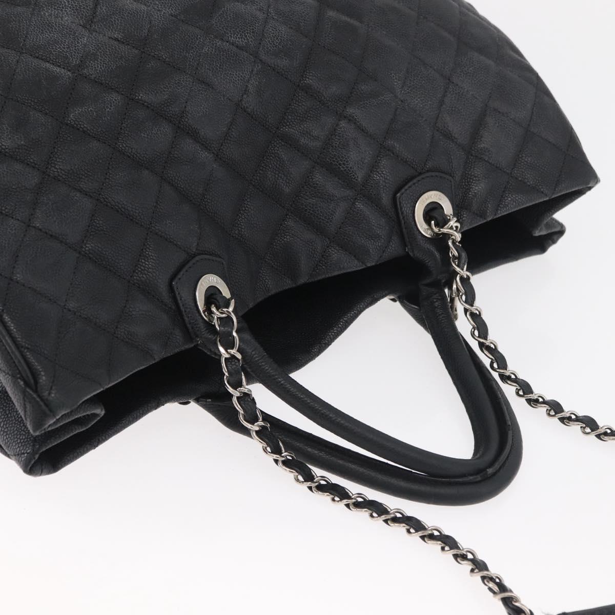 CHANEL Matelasse Chain Tote Bag Caviar Skin 2way Black Silver CC Auth bs35339