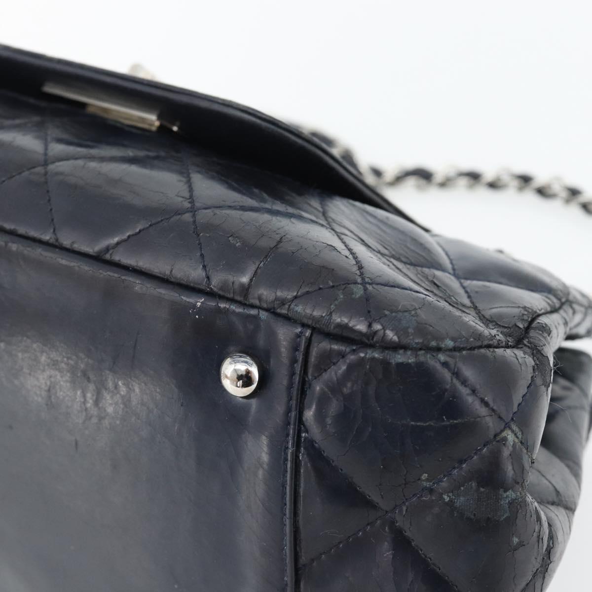 CHANEL Matelasse Chain Purse Bag Patent Leather Navy Silver CC Auth bs35340