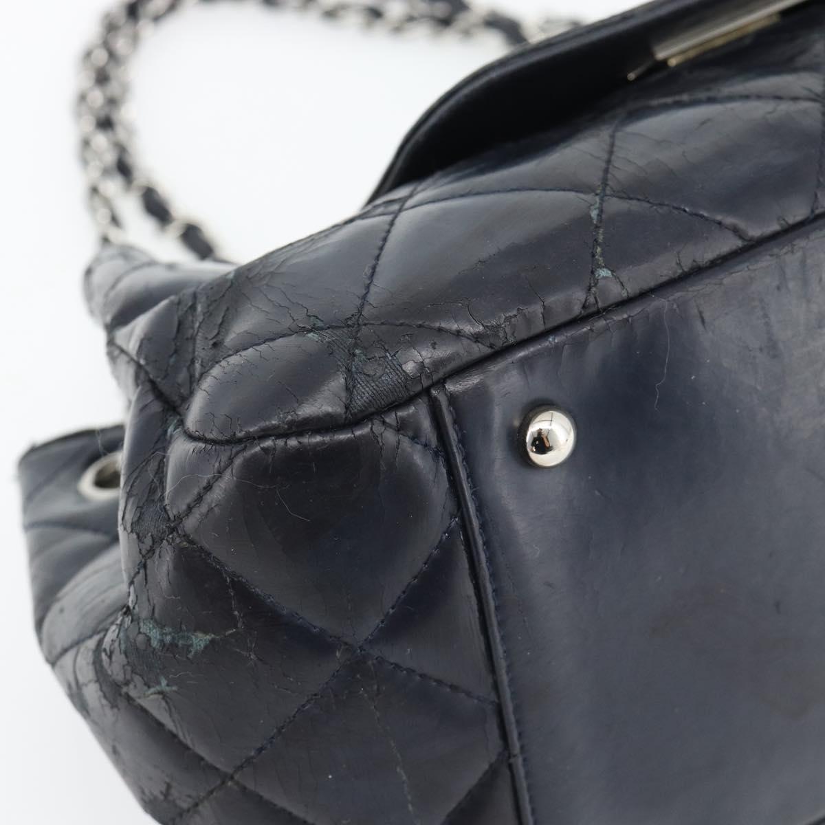 CHANEL Matelasse Chain Purse Bag Patent Leather Navy Silver CC Auth bs35340