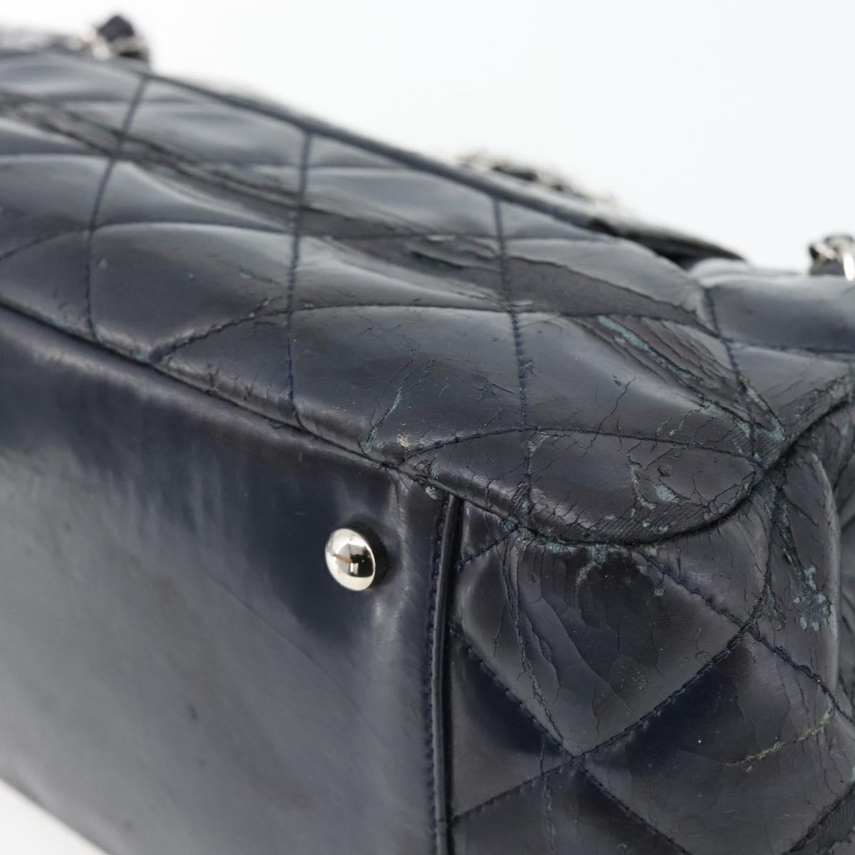 CHANEL Matelasse Chain Purse Bag Patent Leather Navy Silver CC Auth bs35340