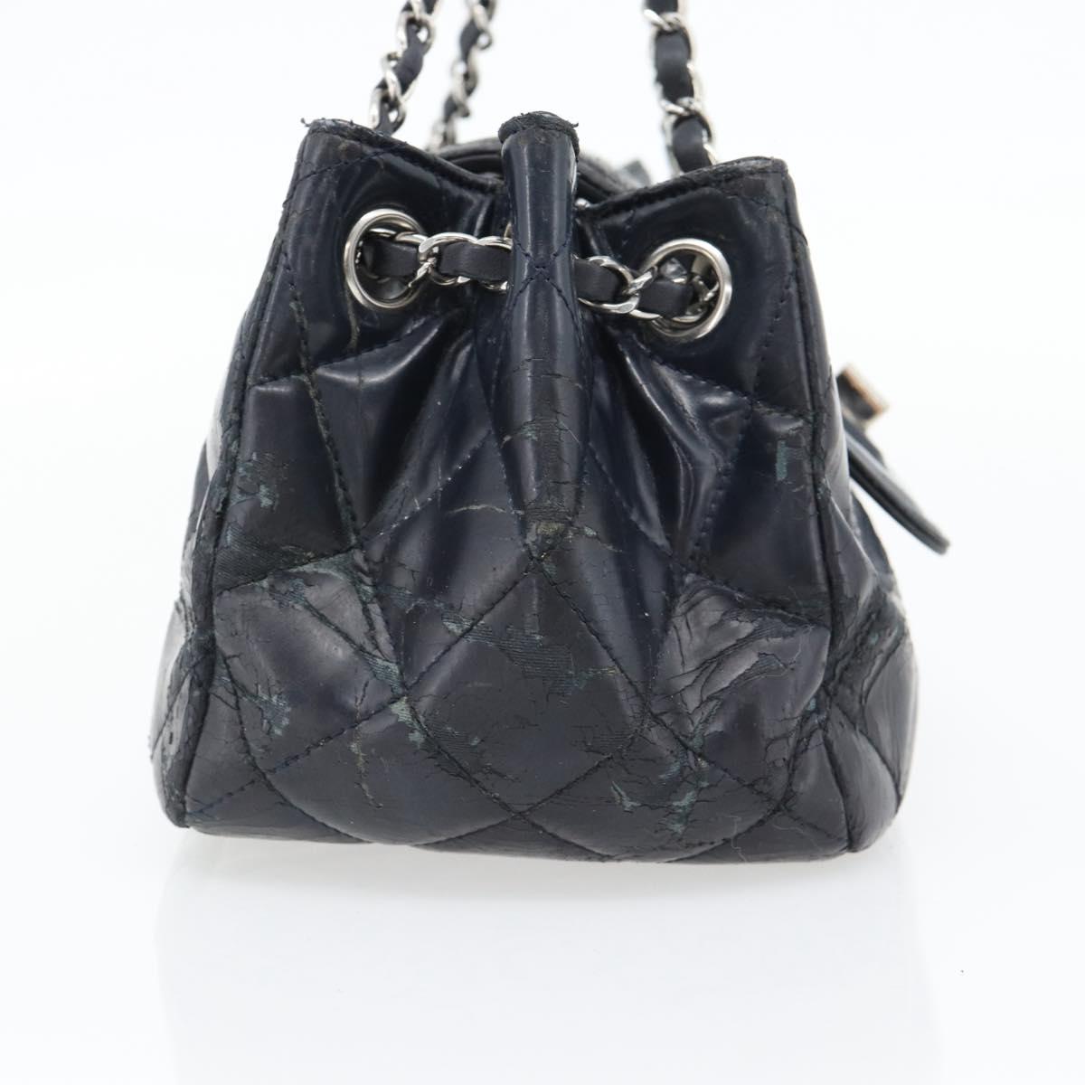 CHANEL Matelasse Chain Purse Bag Patent Leather Navy Silver CC Auth bs35340