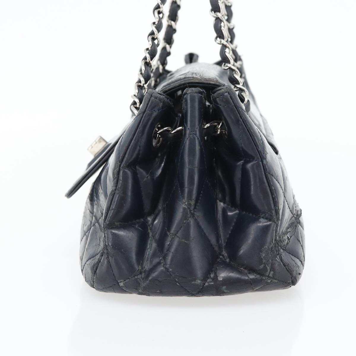 CHANEL Matelasse Chain Purse Bag Patent Leather Navy Silver CC Auth bs35340