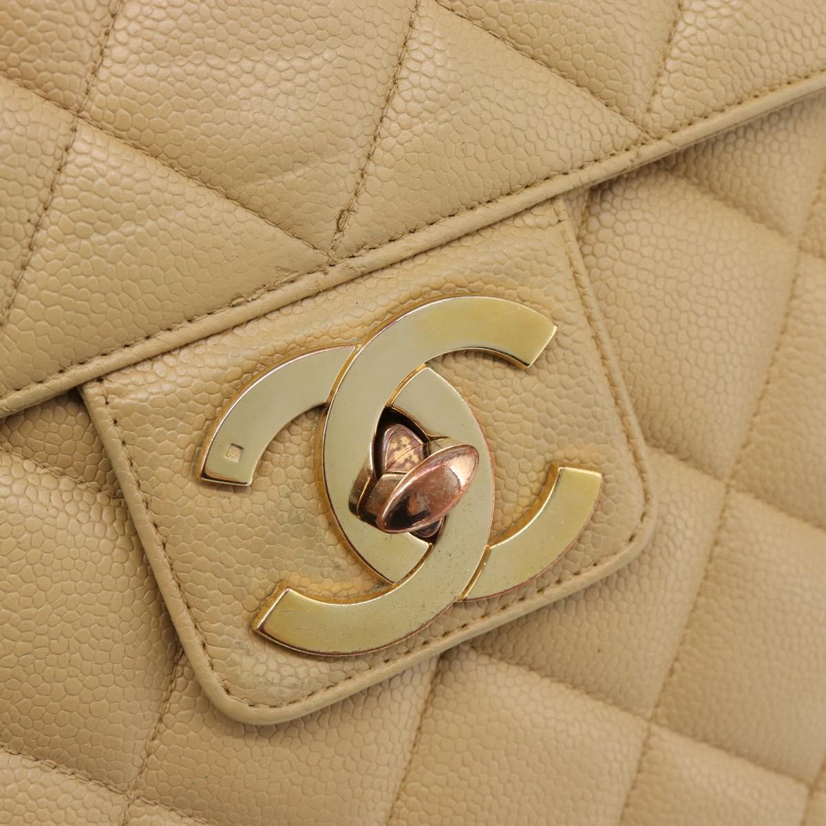 CHANEL Matelasse Business Bag Caviar Skin Beige Gold CC Auth bs35346