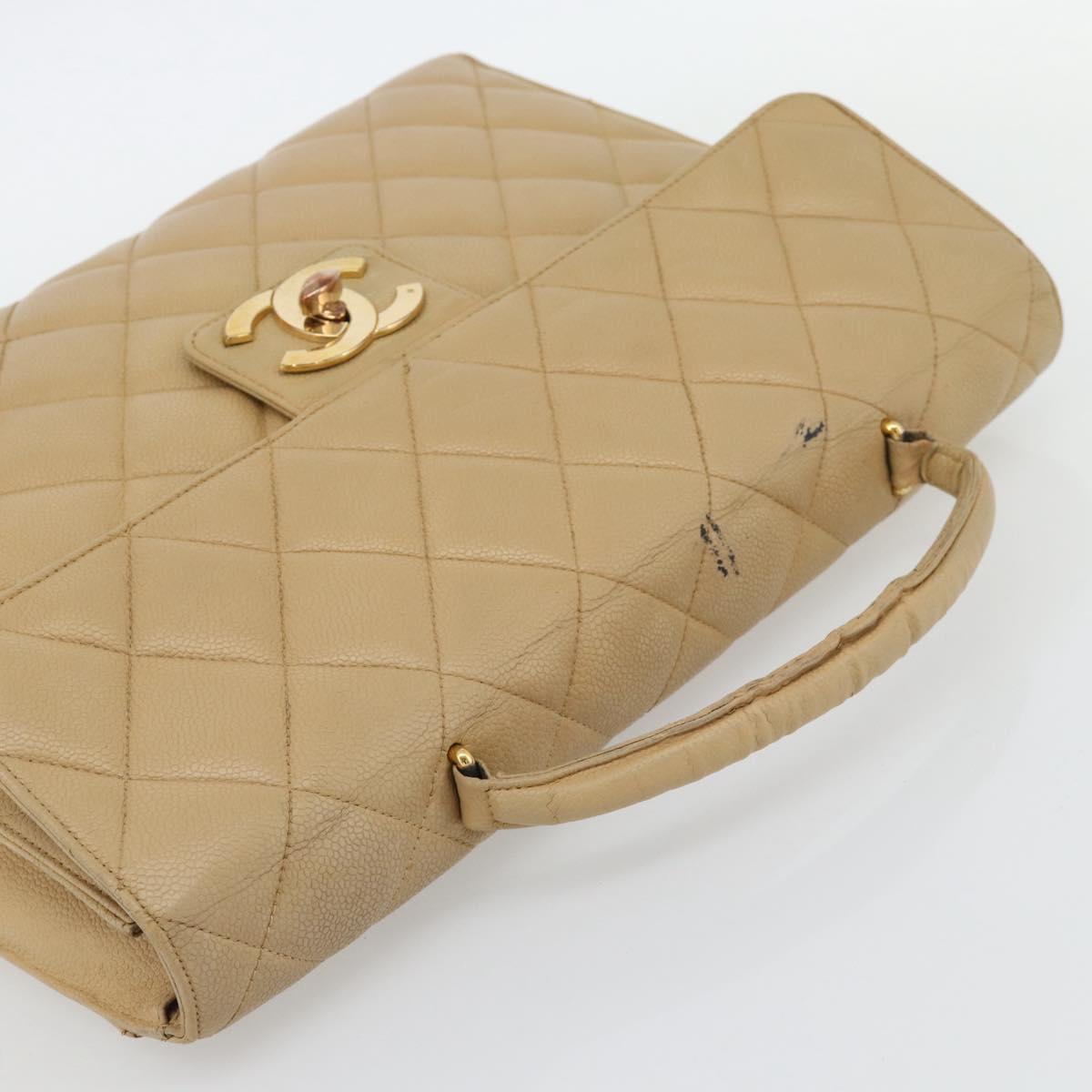 CHANEL Matelasse Business Bag Caviar Skin Beige Gold CC Auth bs35346