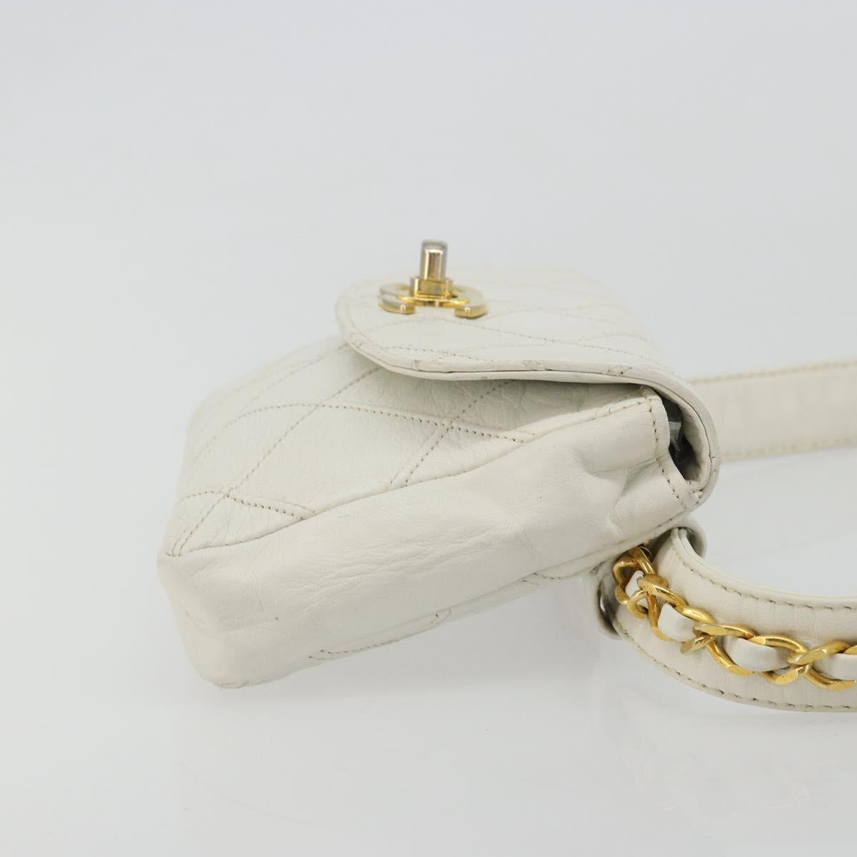 CHANEL Bicolore Waist Bag Lamb Skin White Gold CC Auth bs35350