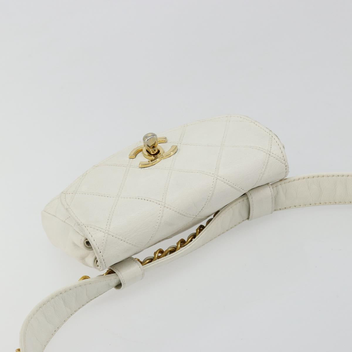 CHANEL Bicolore Waist Bag Lamb Skin White Gold CC Auth bs35350
