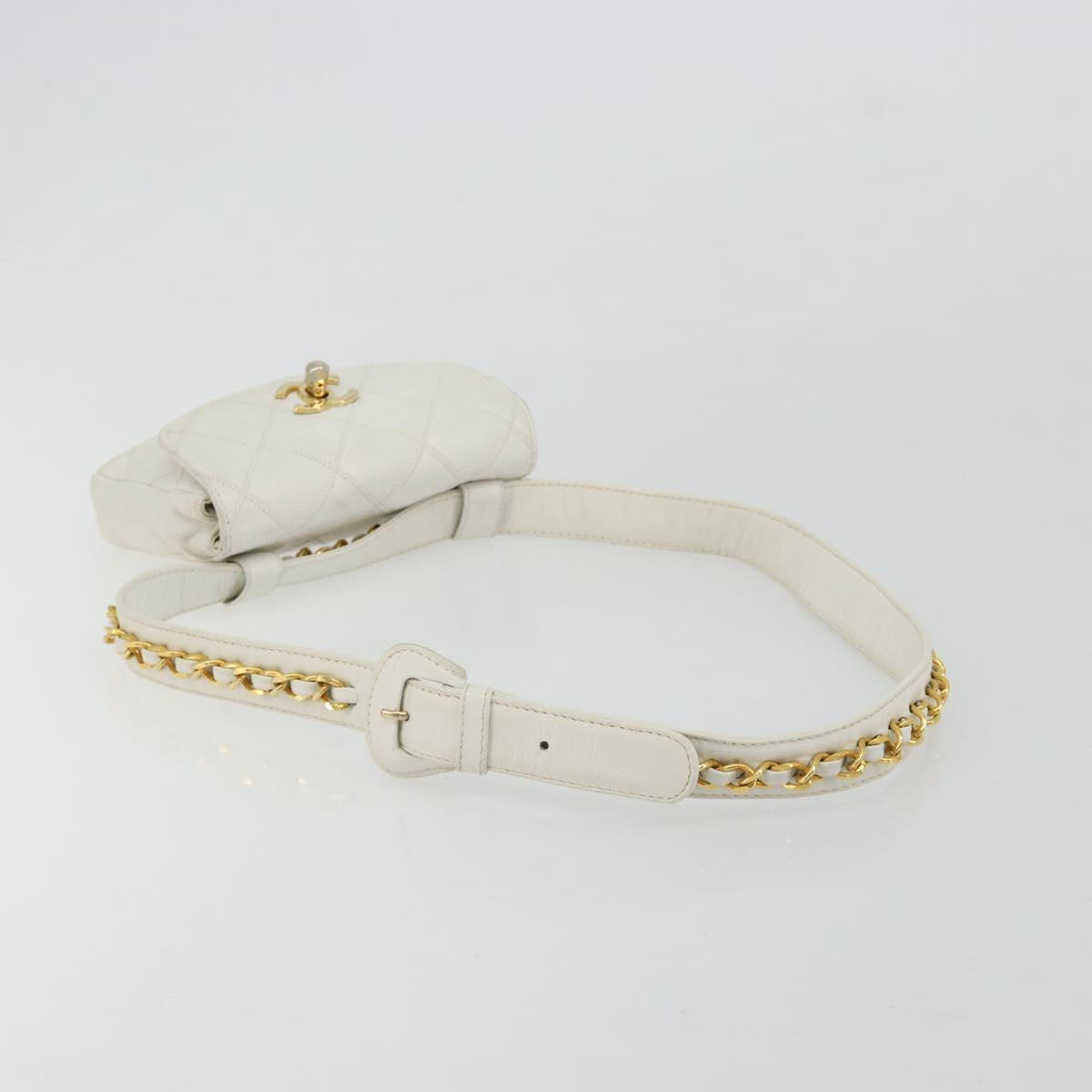 CHANEL Bicolore Waist Bag Lamb Skin White Gold CC Auth bs35350
