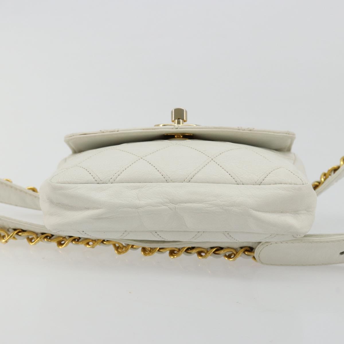 CHANEL Bicolore Waist Bag Lamb Skin White Gold CC Auth bs35350