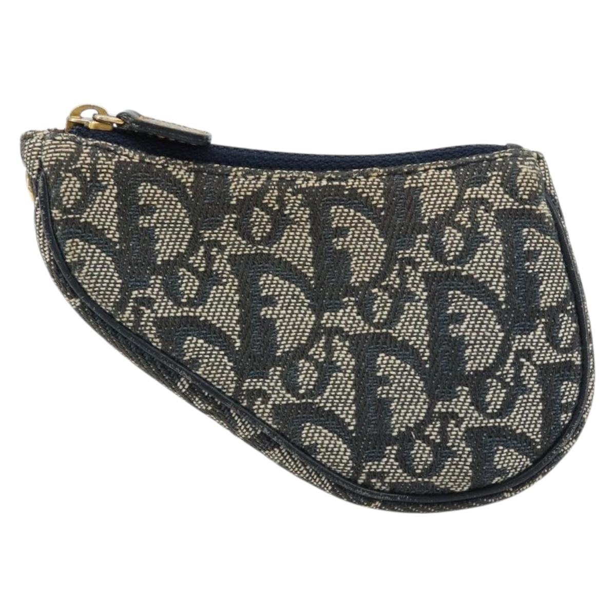 Christian Dior Trotter Canvas Saddle Coin Purse Navy Gold Auth bs35356