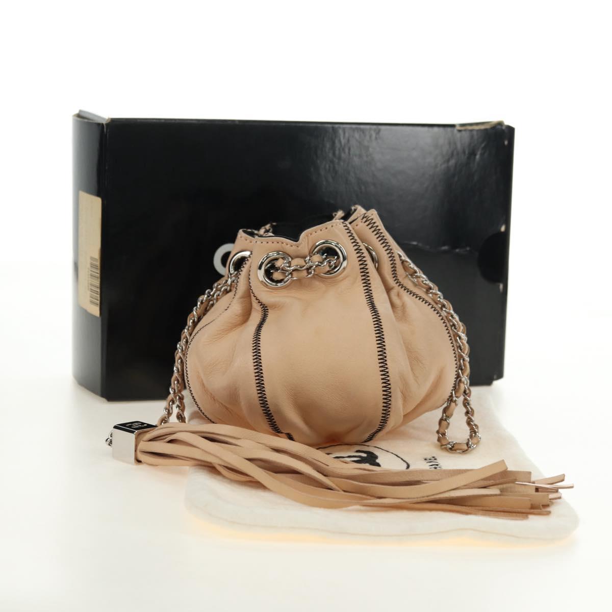 CHANEL Chain Purse Hand Bag Lamb Skin Beige Silver CC Auth bs35366V