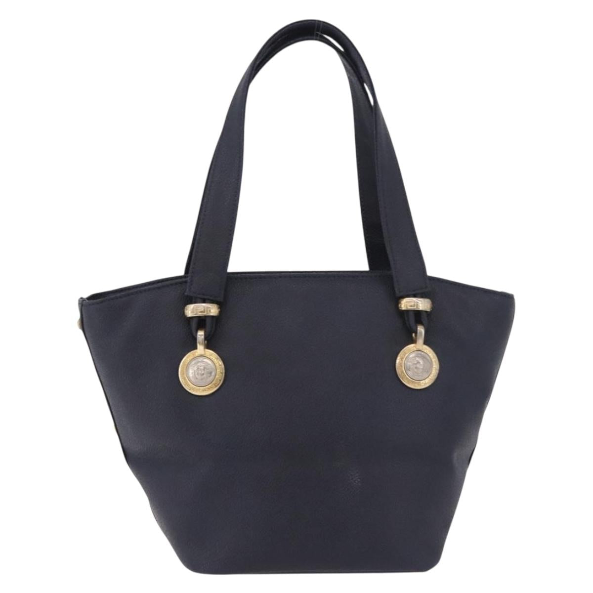 VERSACE Hand Bag Leather Navy Gold Auth bs35368