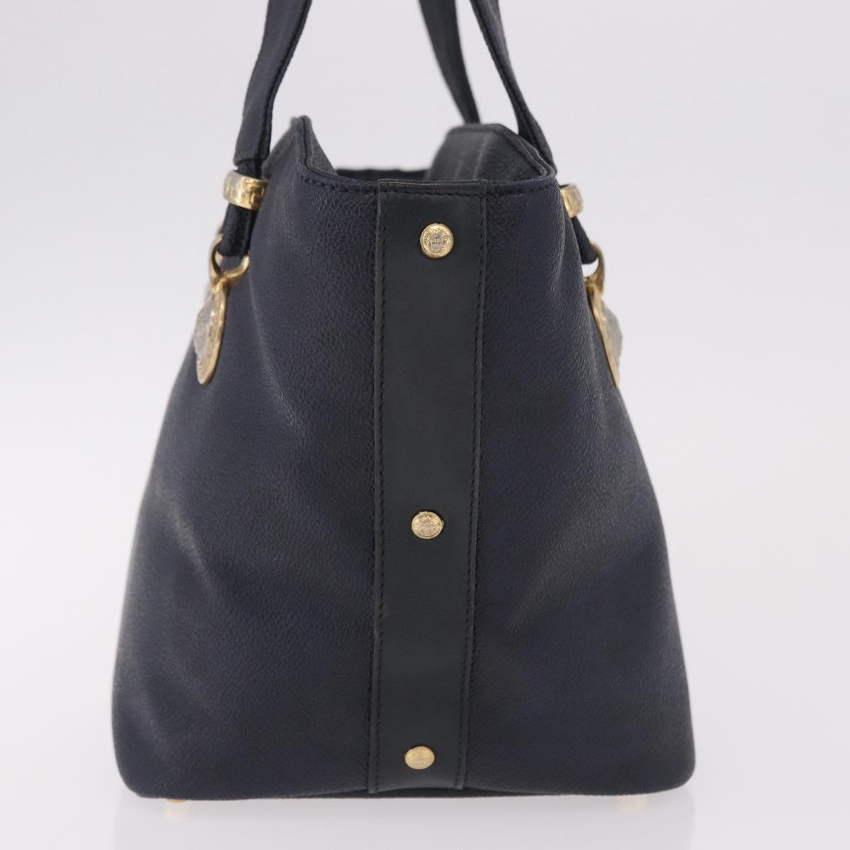 VERSACE Hand Bag Leather Navy Gold Auth bs35368