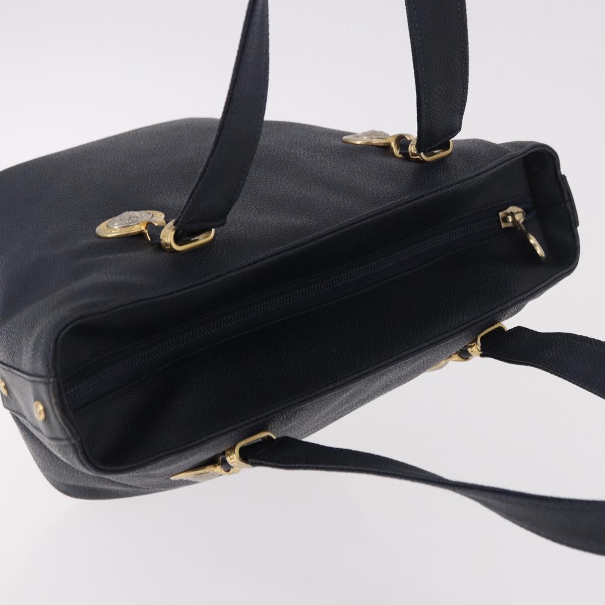 VERSACE Hand Bag Leather Navy Gold Auth bs35368