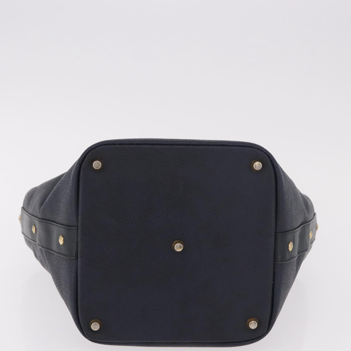 VERSACE Hand Bag Leather Navy Gold Auth bs35368