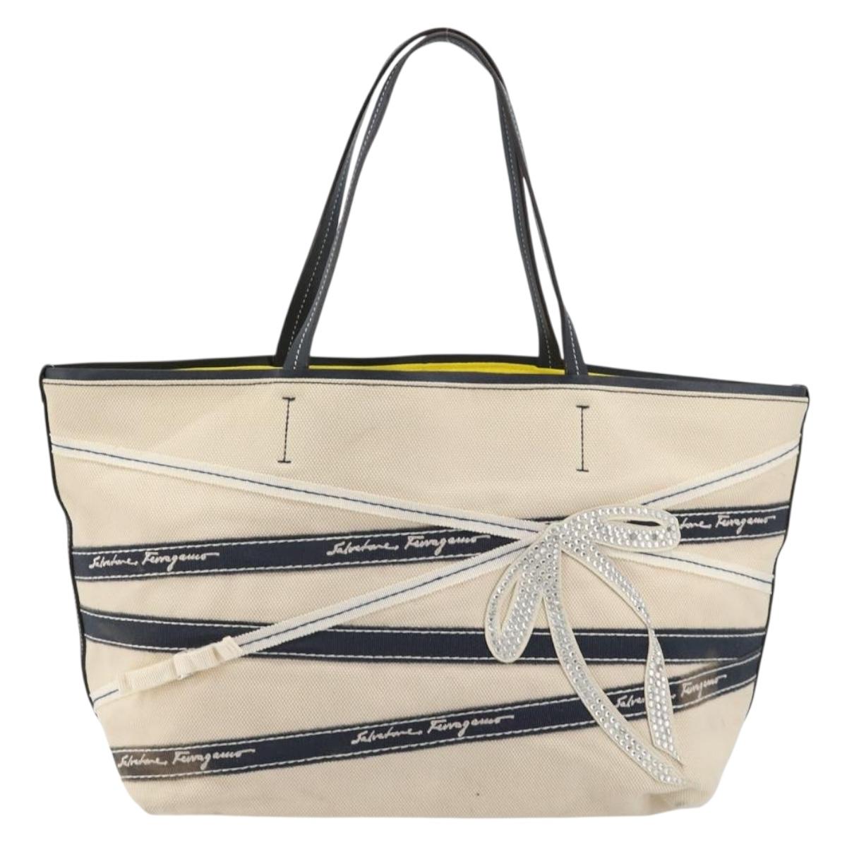 Salvatore Ferragamo Tote Bag Canvas White Silver Auth bs35372
