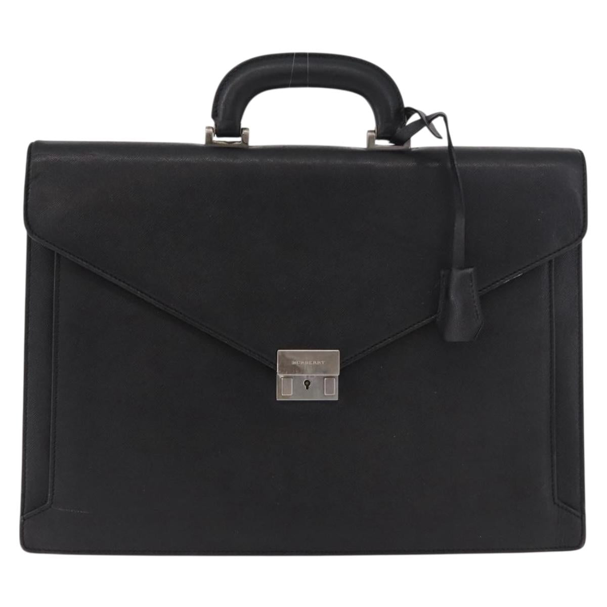 BURBERRY Business Bag Leather Black Silver Auth bs35383