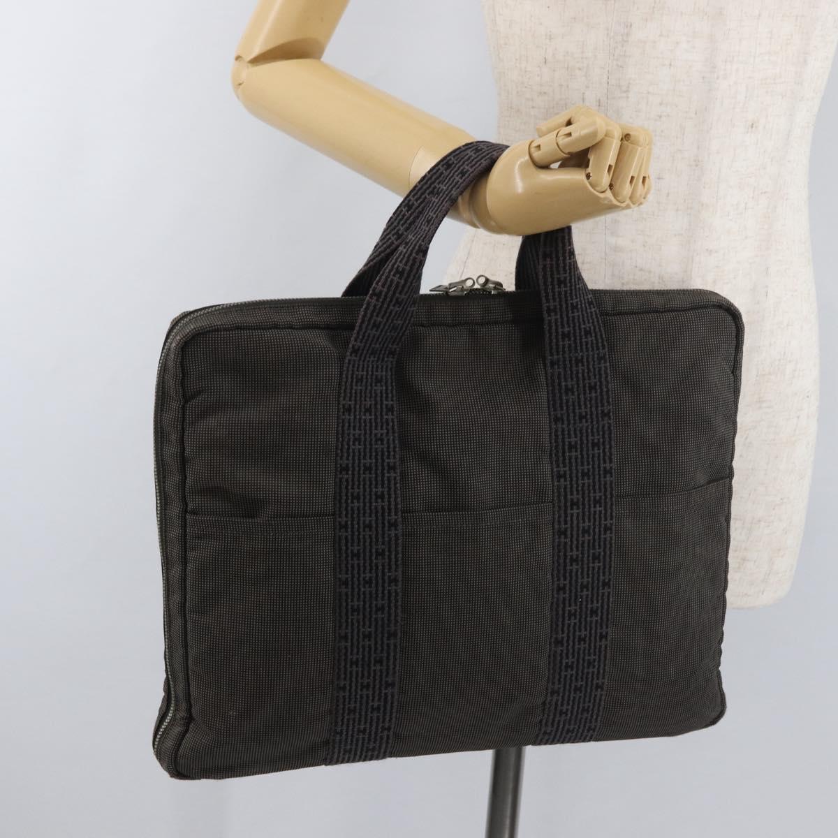 HERMES Her Line Hand Bag Canvas Black Silver Auth bs35384