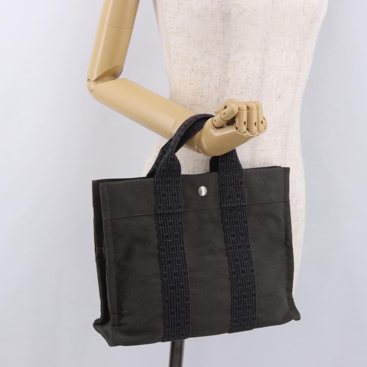 HERMES Her Line Hand Bag Canvas Black Silver Auth bs35385A
