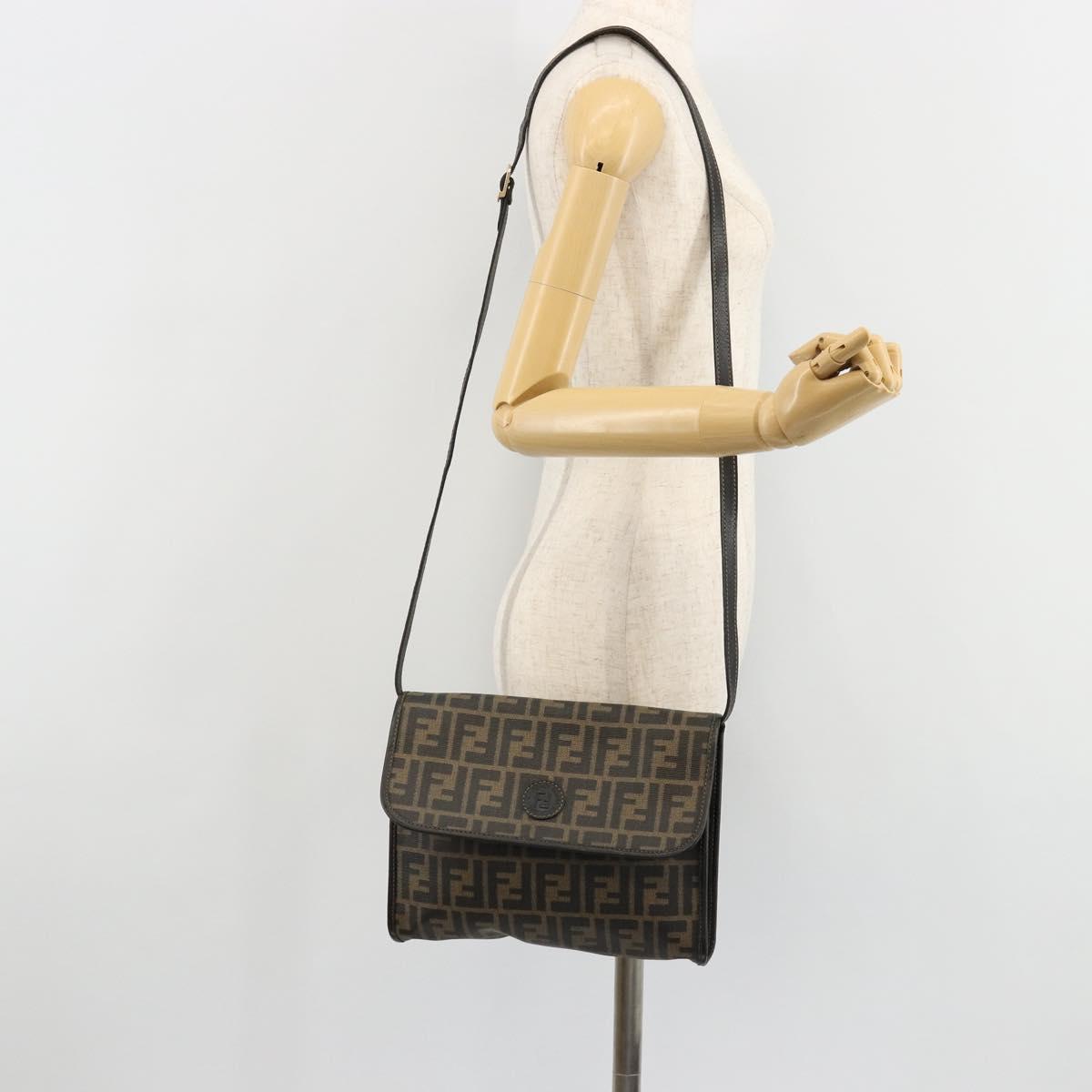 FENDI Zucca Canvas Shoulder Bag PVC Black Brown Auth bs35394A