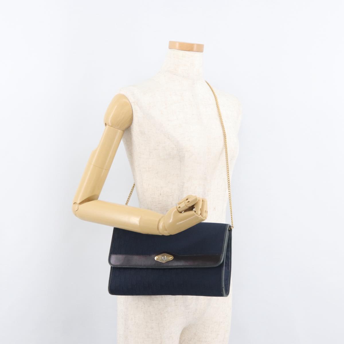 Christian Dior Trotter Canvas Chain Shoulder Bag Navy Gold Auth bs35406